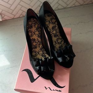 Nina Black Satin Open Toe Shoes